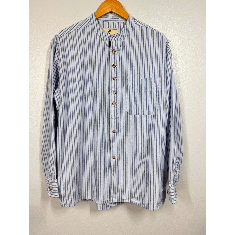 Lee Valley Shirt Mens Large Blue Grandfather Shirt Striped Band Collar Cotton